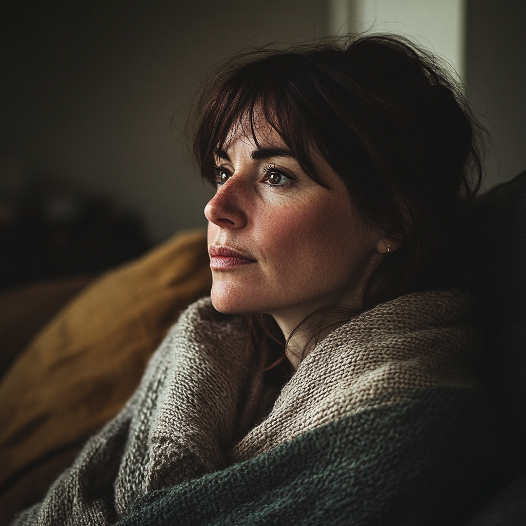 A woman sitting on a couch | Source: Midjourney