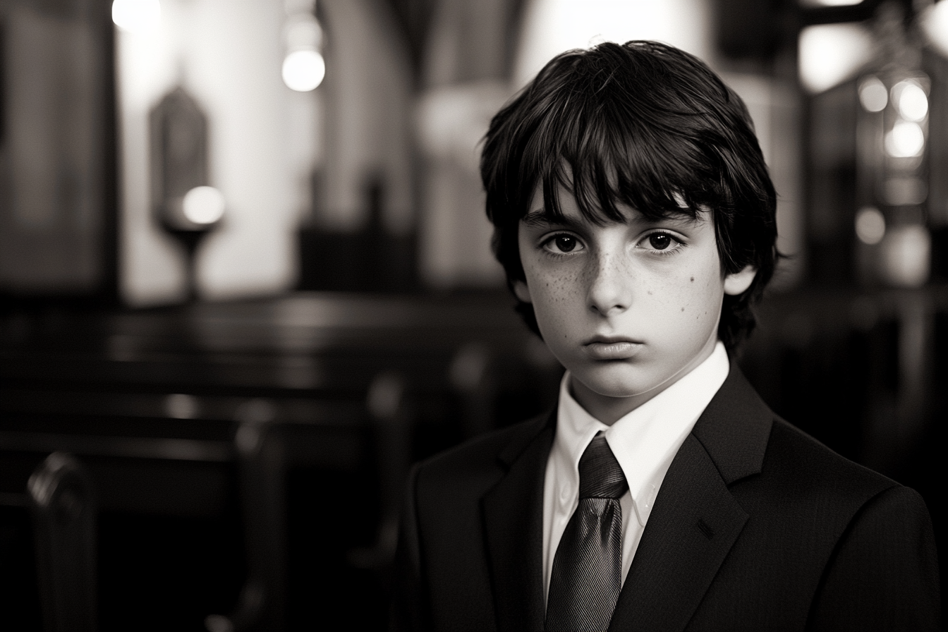 A serious boy in a church | Source: Midjourney