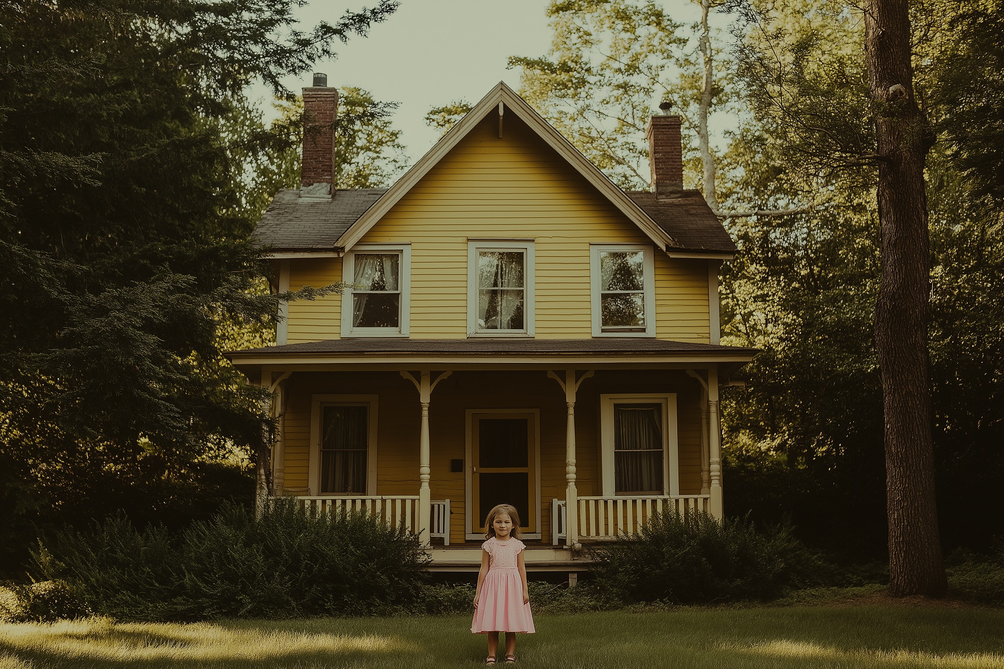 A little girl in a pink dress standing in front of a yellow house | Source: Midjourney