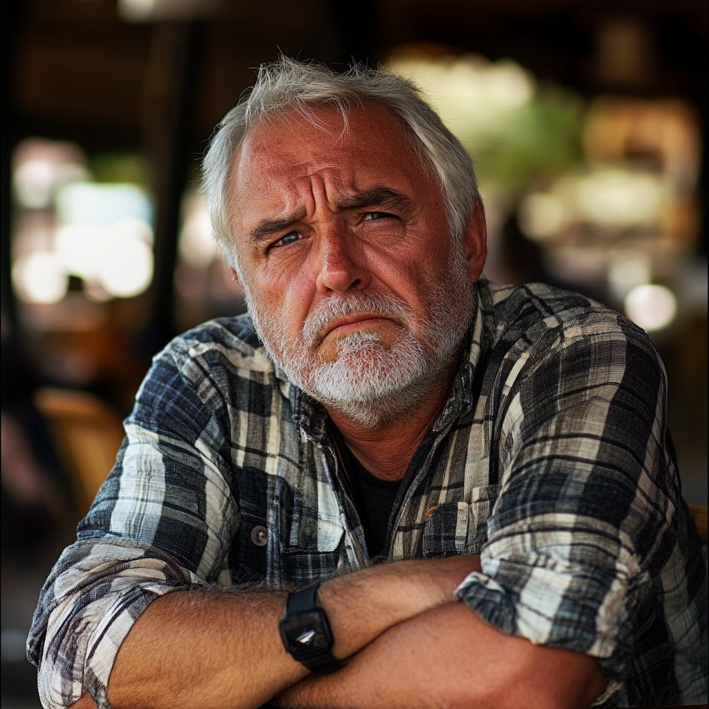 A frowning middle-aged man in a cafe | Source: Midjourney