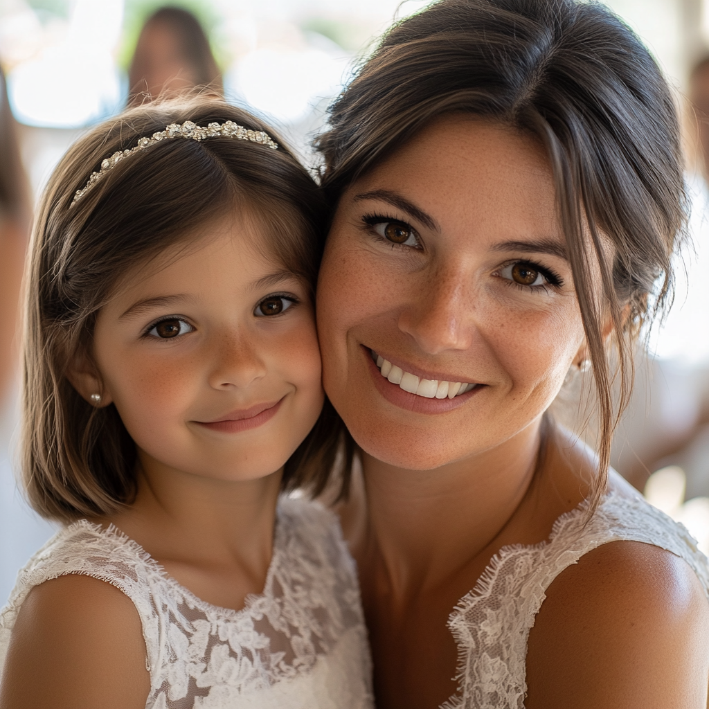 Bride and a little girl hugging | Source: Midjourney