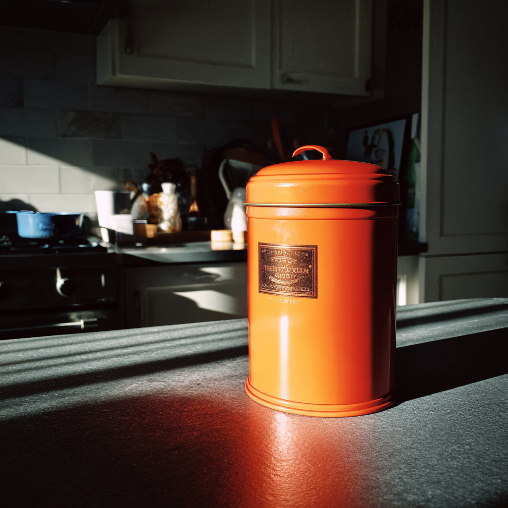 A dark orange tea tin on a counter | Source: Midjourney