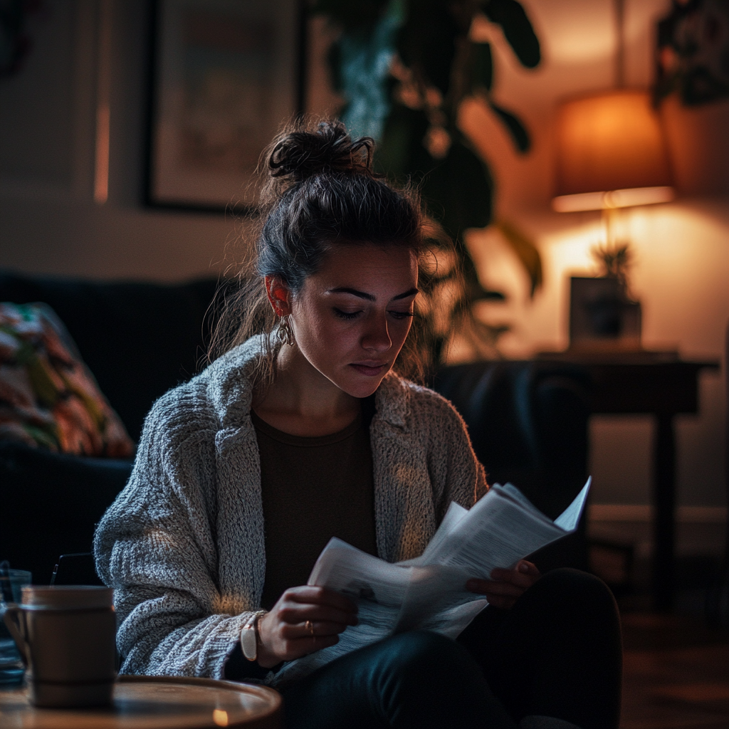 A woman sitting on her living room floor at night, sorting through documents | Source: Midjourney