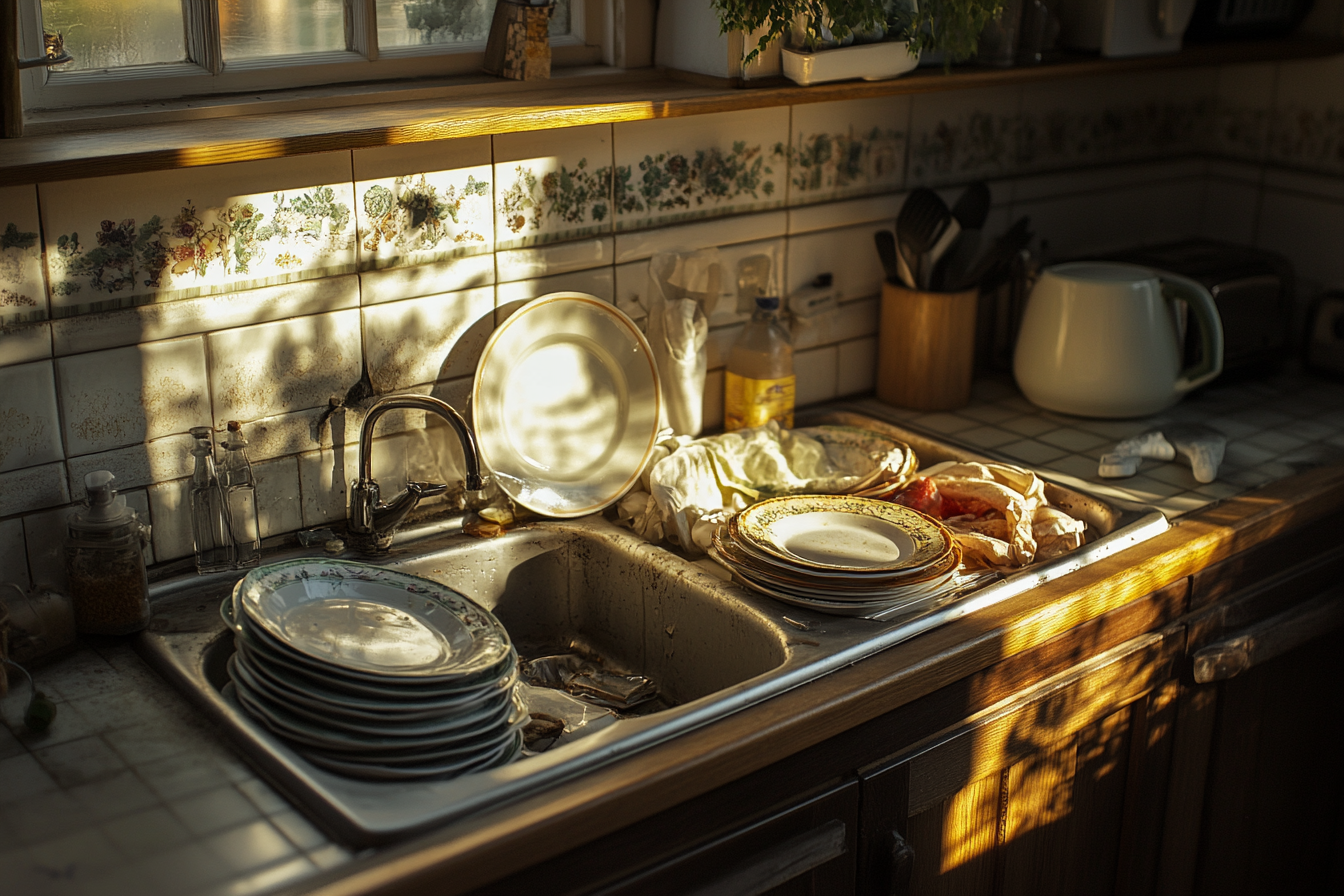 A kitchen sink overflowing with dirty dishes | Source: Midjourney