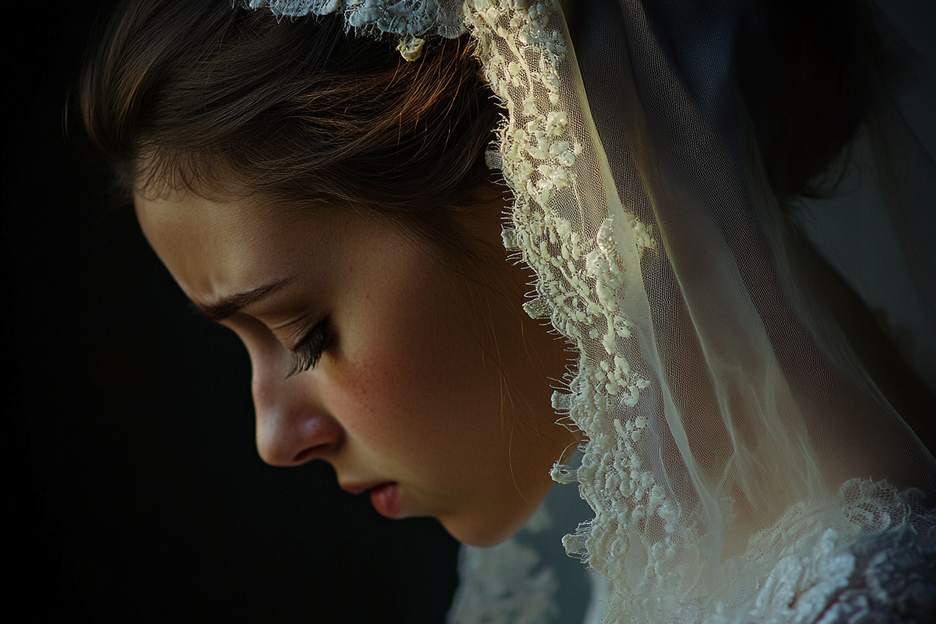 An emotional bride hanging her head | Source: Midjourney