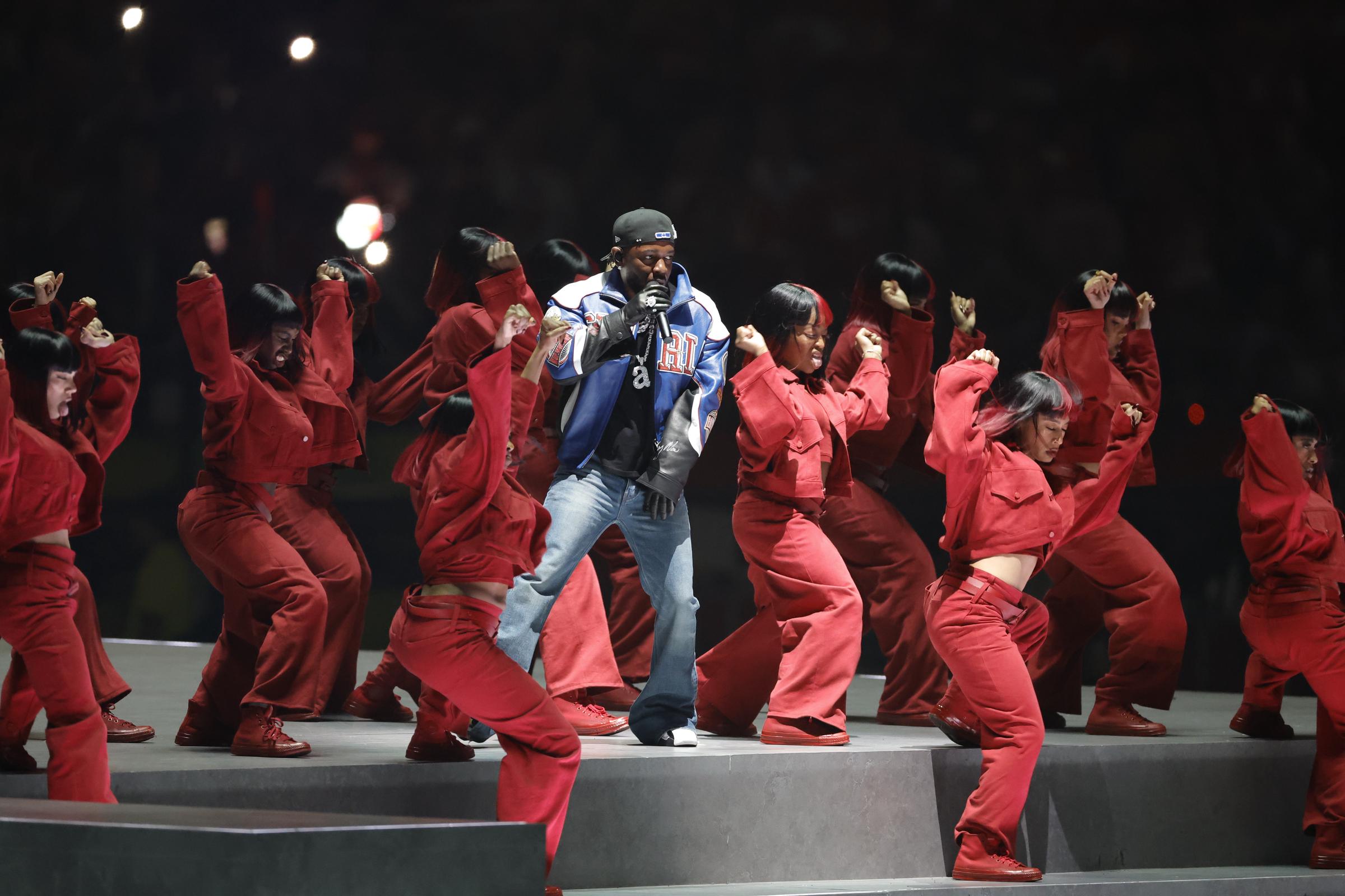 Kendrick Lamar and some of his female dancers on stage at the Super Bowl LIX Halftime Show on February 9, 2025, in New Orleans, Louisiana. | Source: Getty Images