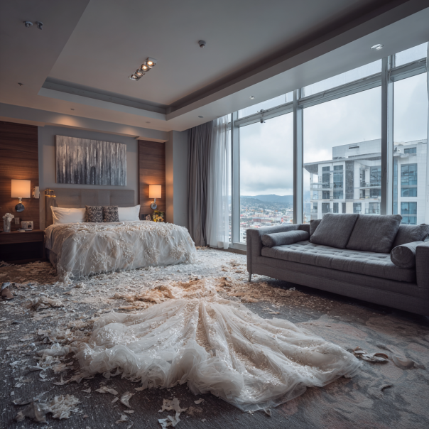 A destroyed wedding dress in a hotel suite | Source: Midjourney