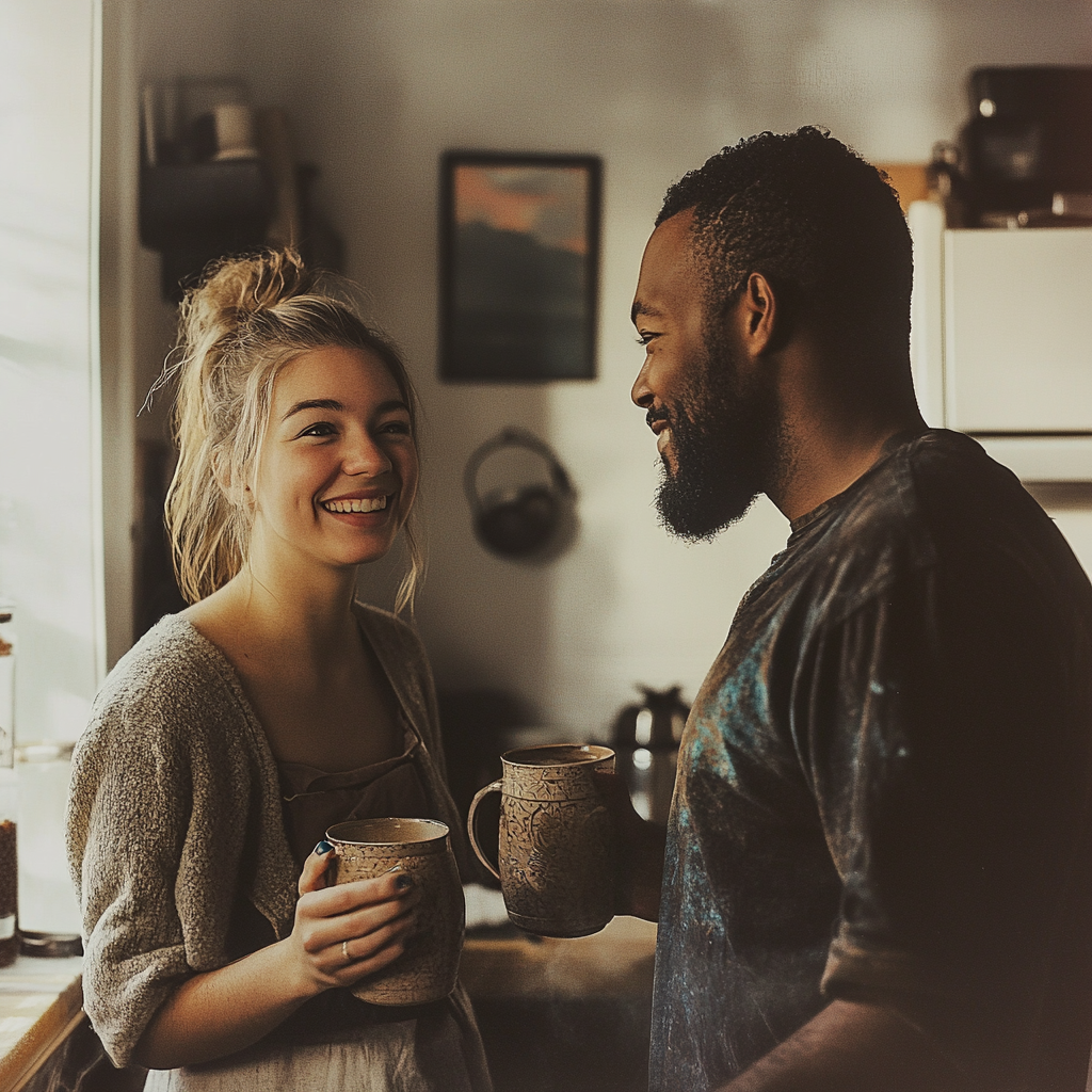 A woman drinking tea with a man | Source: Midjourney