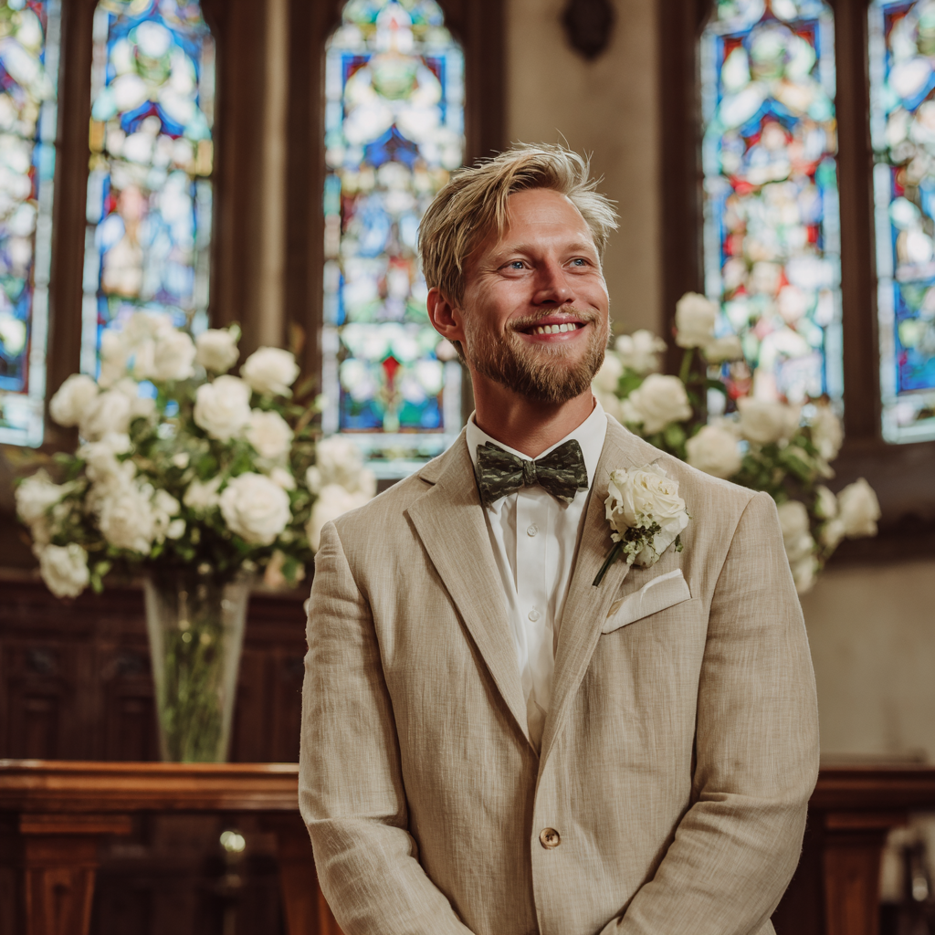 A smiling groom in a linen suit | Source: Midjourney