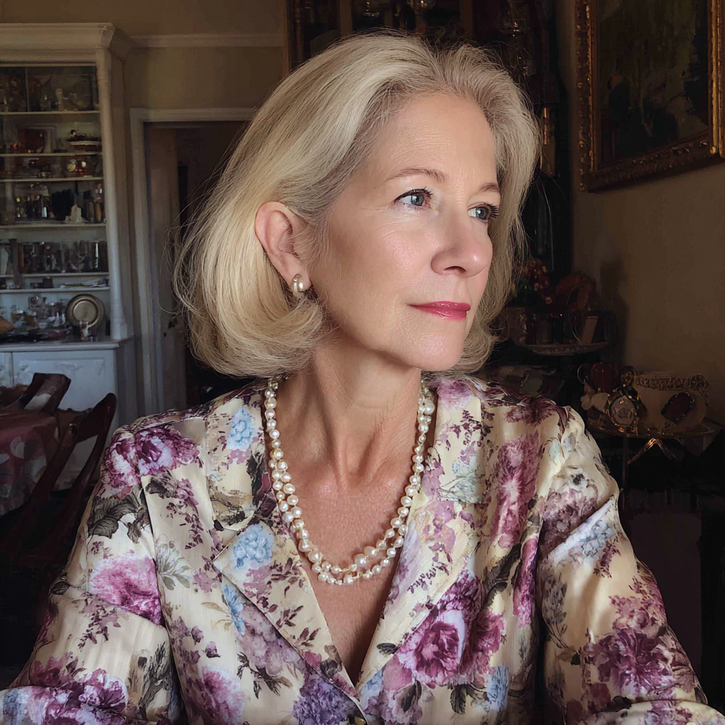 An older woman wearing a floral blouse | Source: Midjourney
