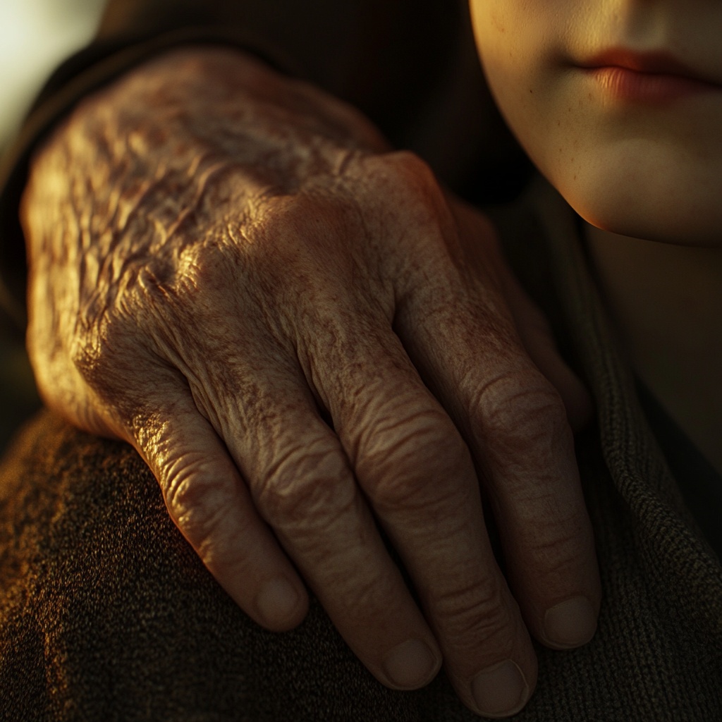 A man's hand on his grandson's shoulder | Source: Midjourney