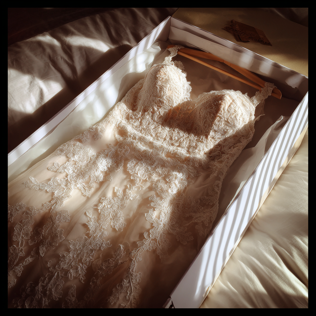 A wedding dress in a box | Source: Midjourney