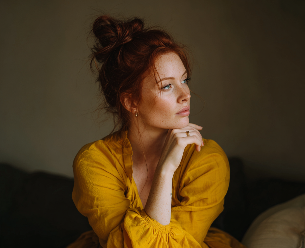 A pensive woman sitting on a couch in a yellow dress | Source: Midjourney