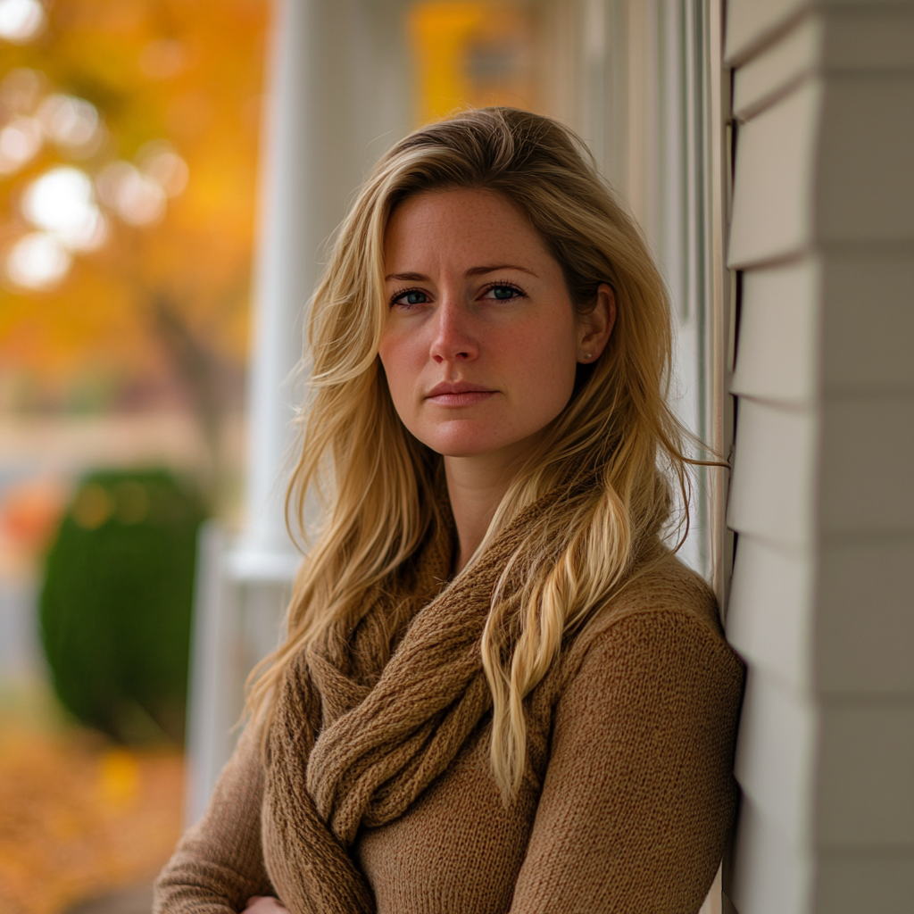 A serious woman standing on her porch ⏐ Source: Midjourney