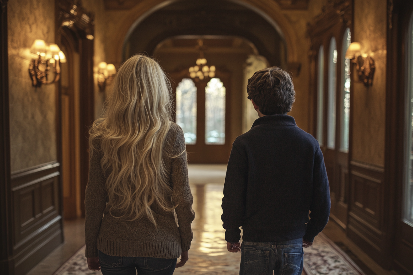 A woman and her son walking down a hallway | Source: Midjourney