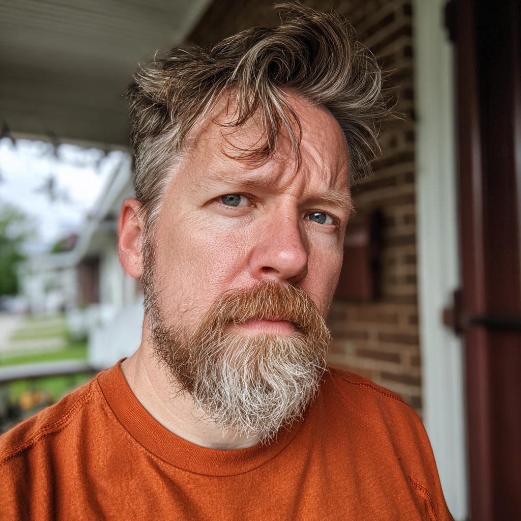 A frowning man wearing an orange t-shirt | Source: Midjourney