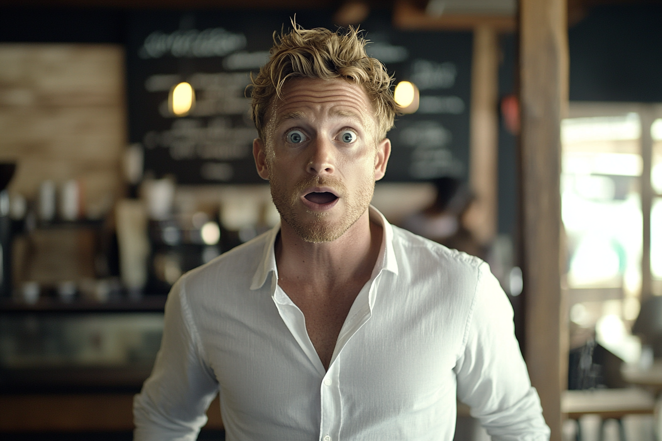 A man in a coffee shop looking shocked | Source: Midjourney