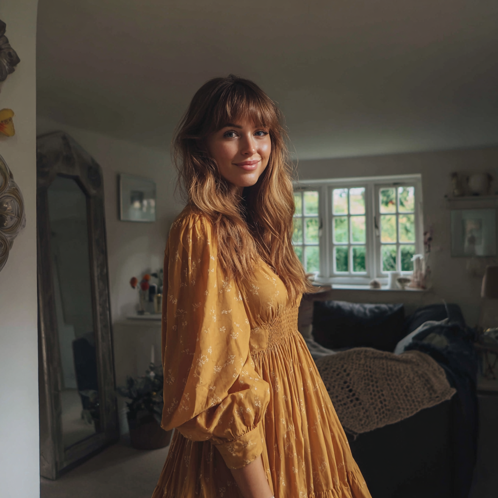 A smiling woman standing in a living room | Source: Midjourney