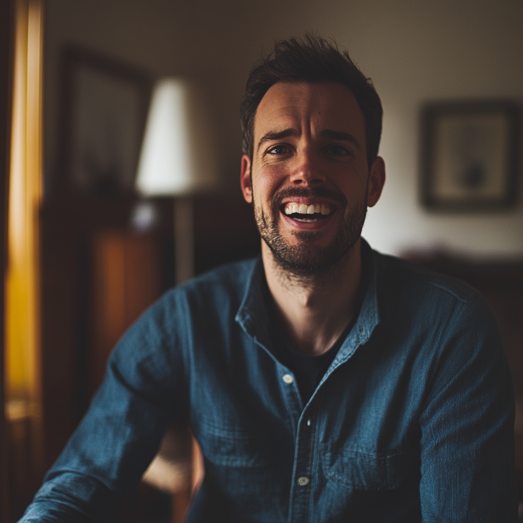 A smiling man in a living room | Source: Midjourney