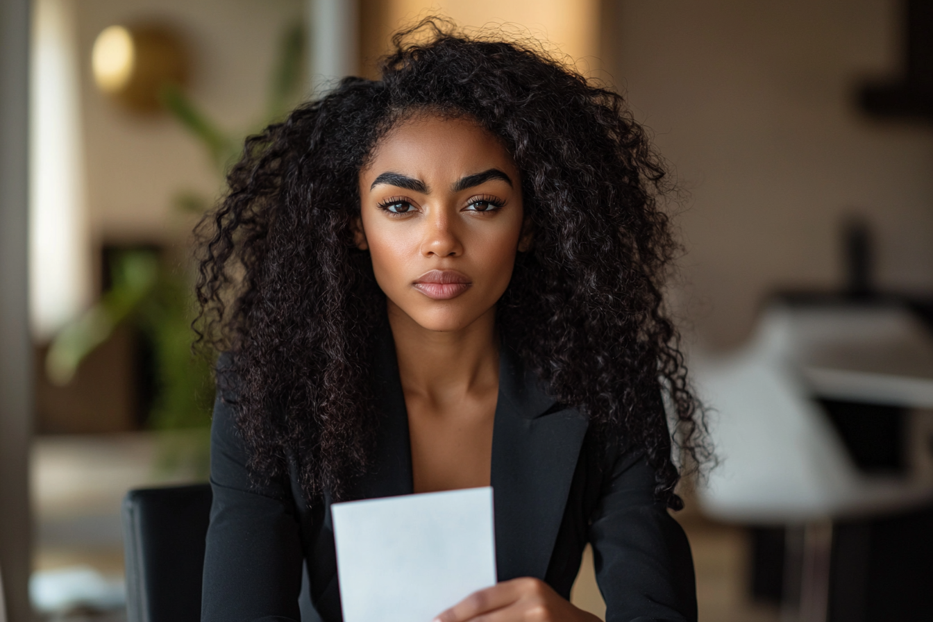 A frowning woman holding a note | Source: Midjourney