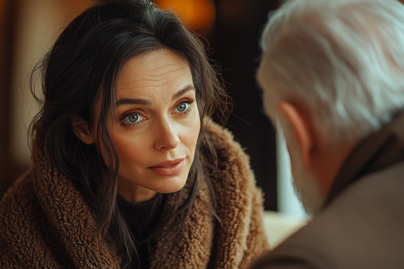 Woman with slightly shocked expression talking to a senior man | Source: Midjourney