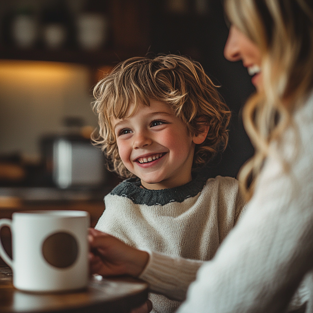 A smiling boy talking to his mother | Source: Midjourney