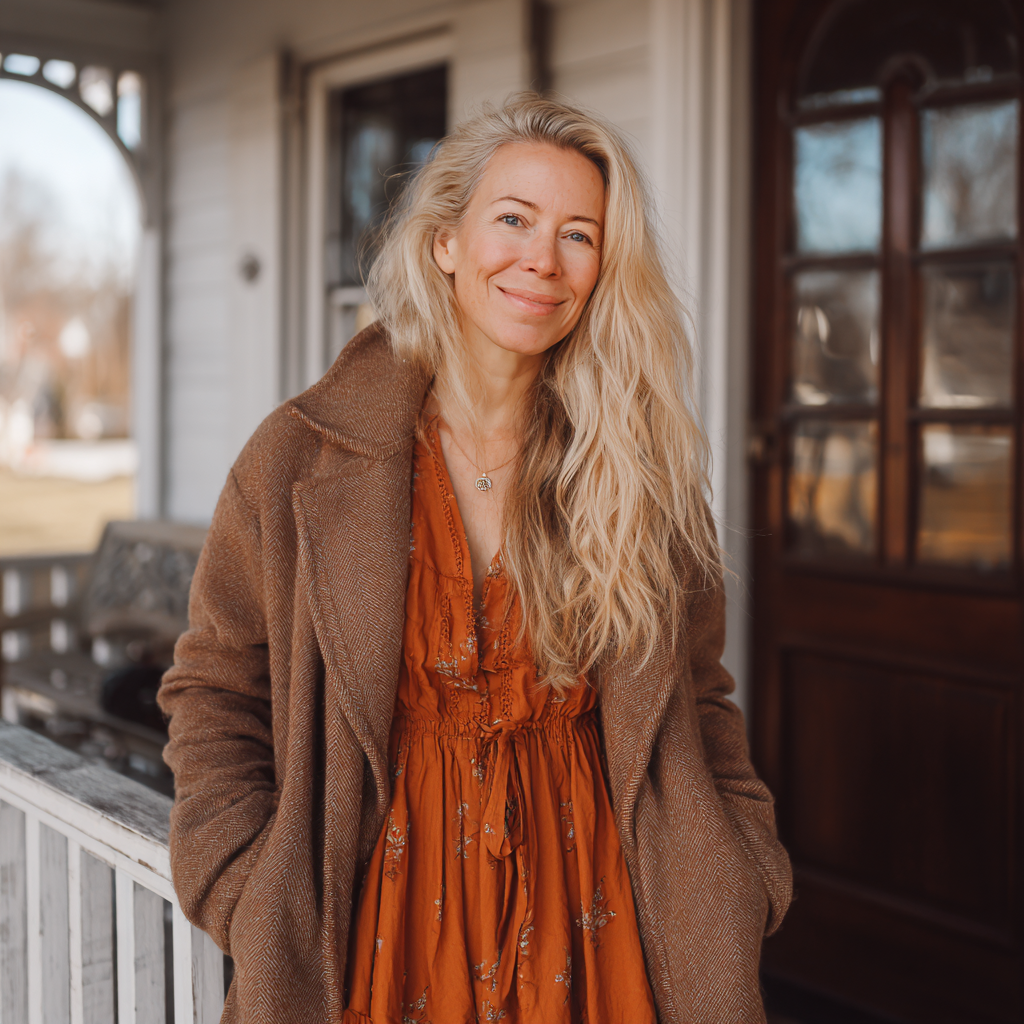 A smiling woman standing on a porch | Source: Midjourney