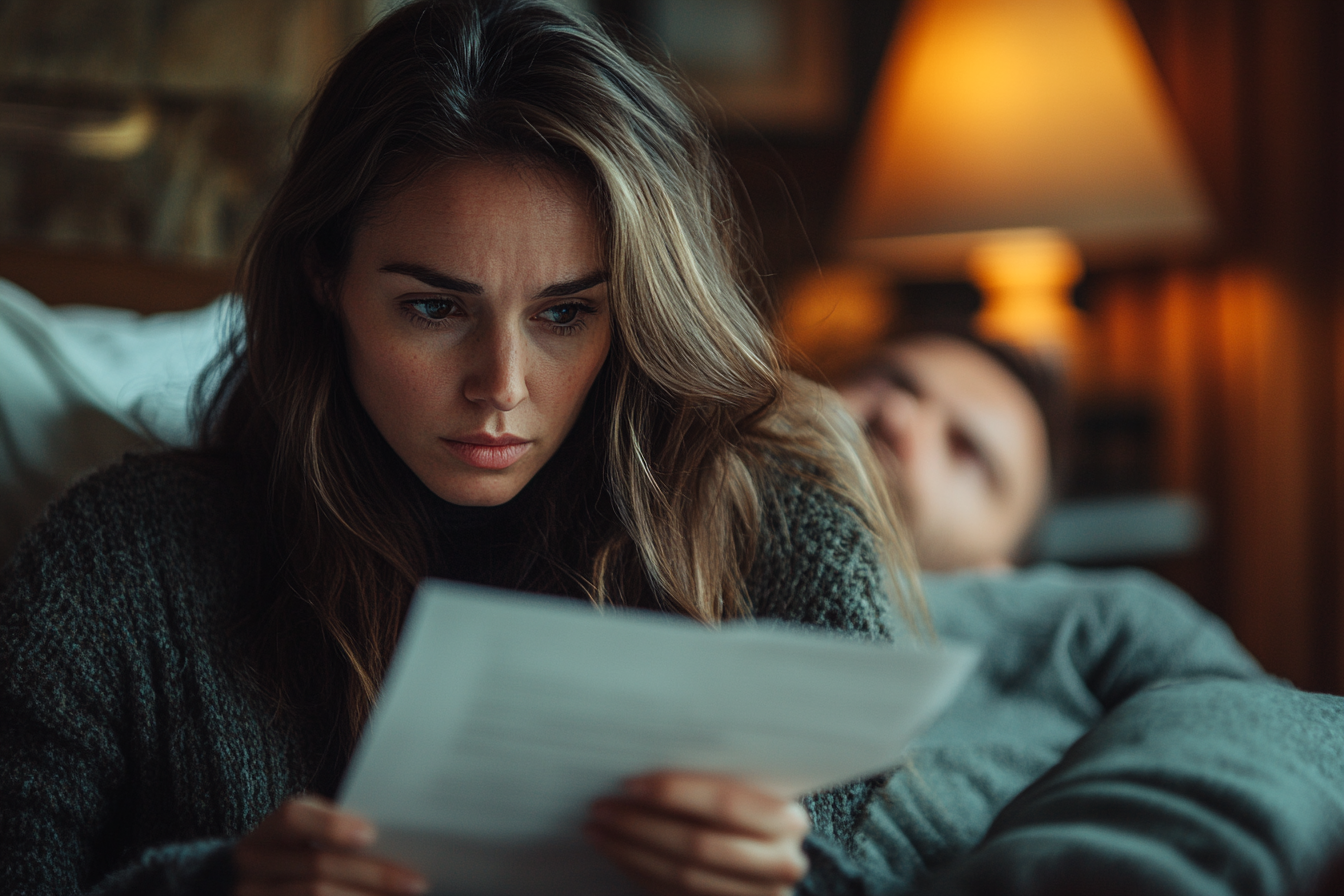 A determined brunette woman flipping through documents at night, while her husband sleeps peacefully in bed | Source: Midjourney