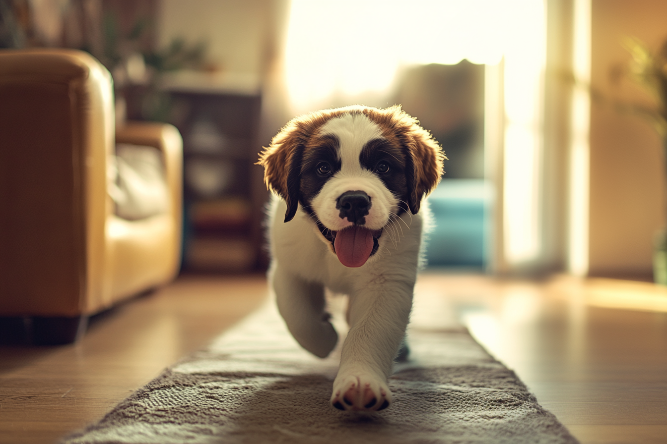 A happy Saint Bernard puppy with its tongue lolling out in the living room | Source: Midjourney