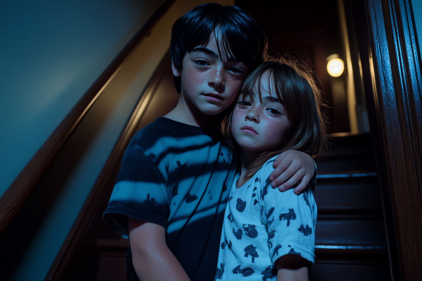 A boy, 11 years old, holding his sister protectively on the stairs at night | Source: Midjourney