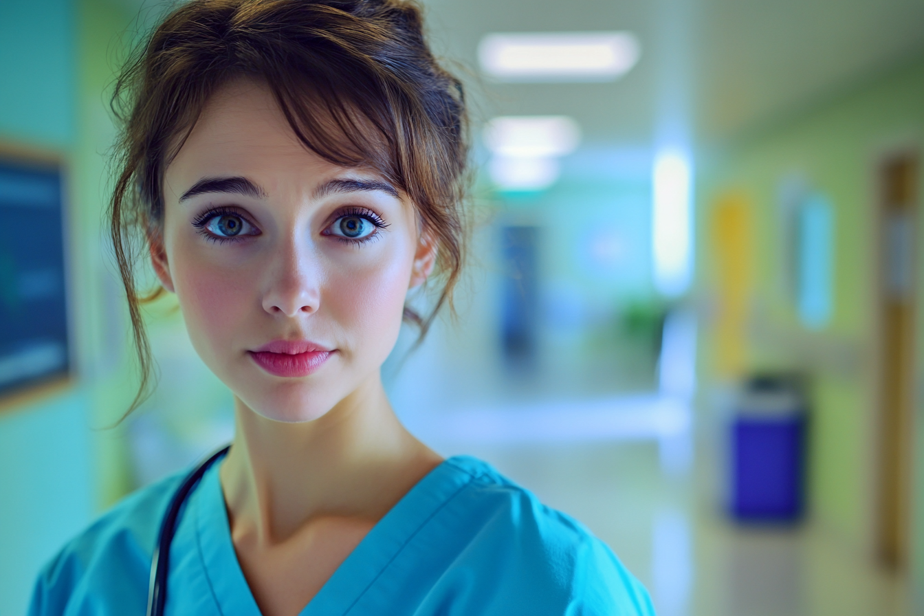 A concerned woman in a hospital hallway | Source: Midjourney