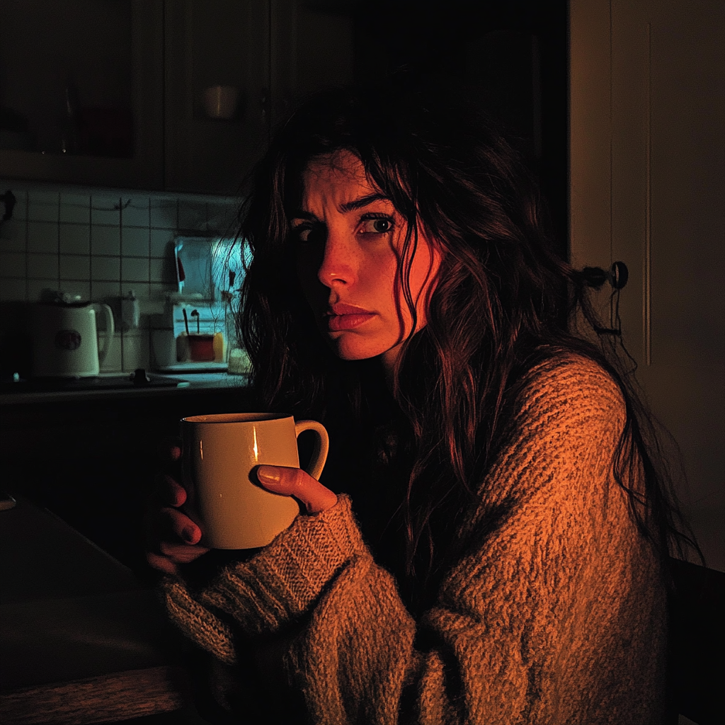 A scared woman sitting in a kitchen | Source: Midjourney