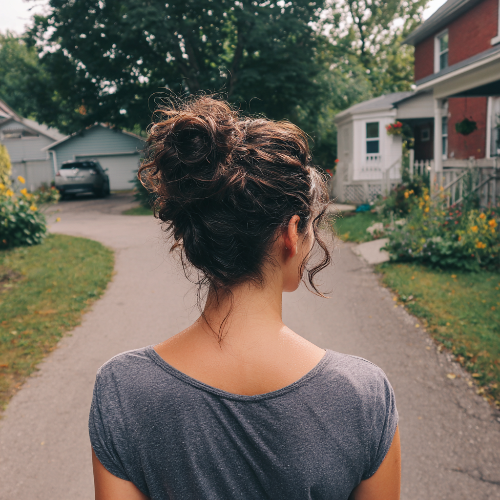 A woman walking down a driveway | Source: Midjourney