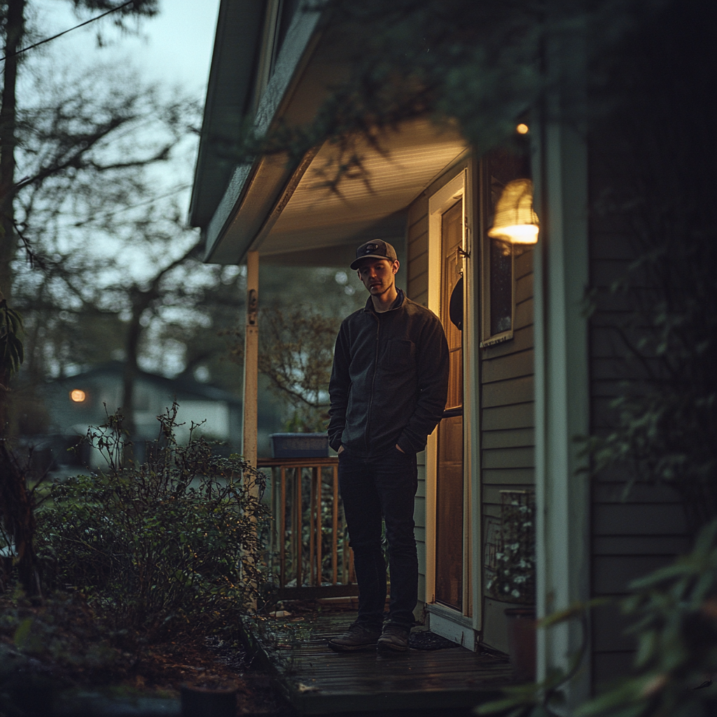 A nervous man standing on a porch | Source: Midjourney