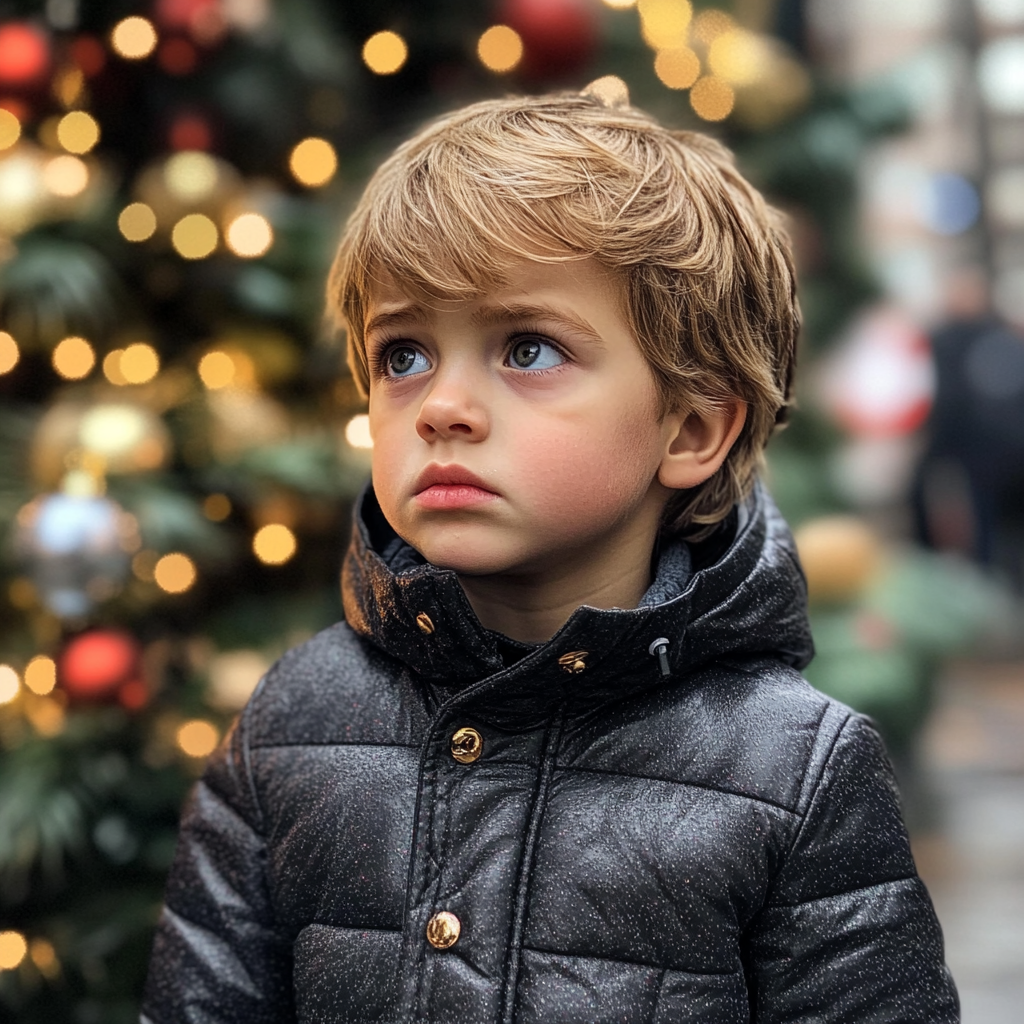 A sad boy next to a Christmas tree | Source: Midjourney