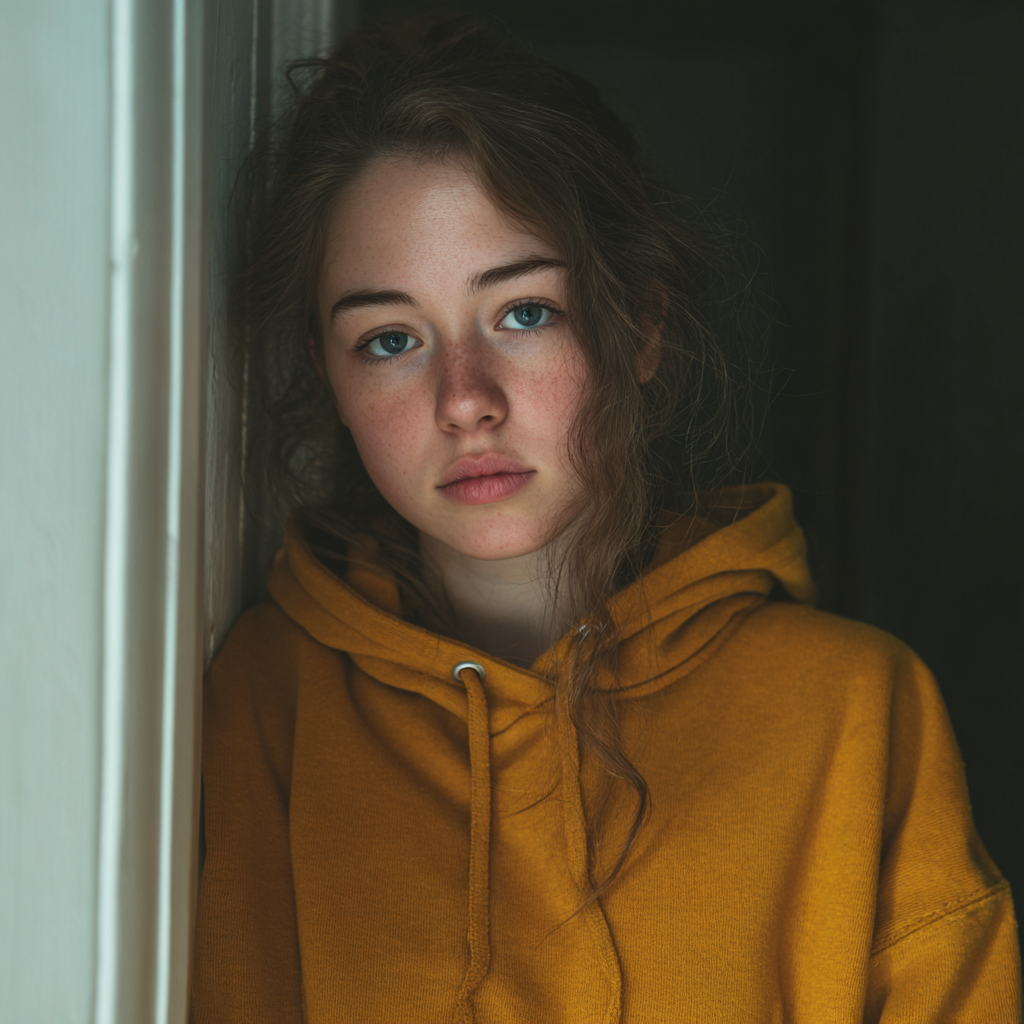 A teenage girl leaning against a wall | Source: Midjourney