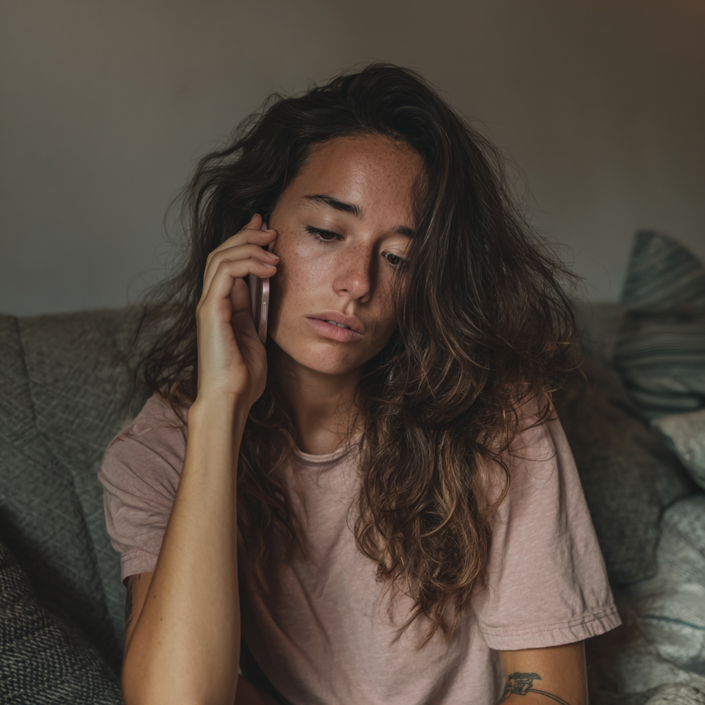 An emotional woman talking on a phone wearing a pink t-shirt | Source: Midjourney