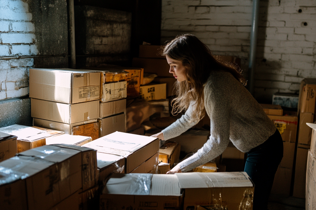 A woman searching through boxes in her basement | Source: Midjourney