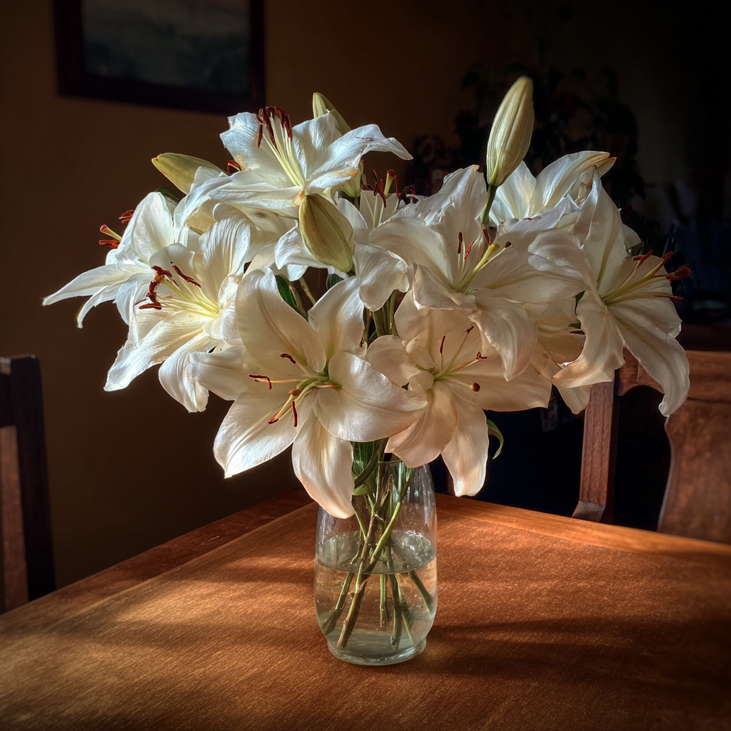A vase of white lilies | Source: Midjourney