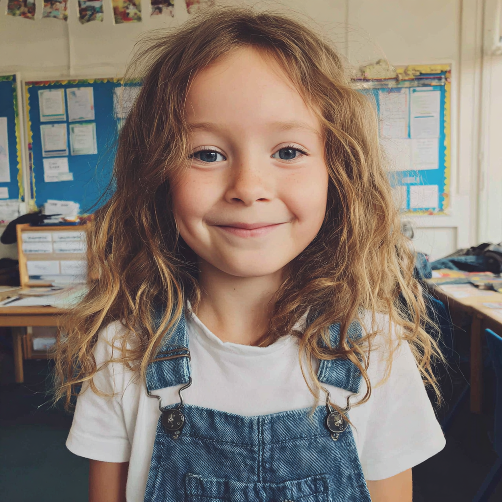 A smiling little girl standing in her classroom | Source: Midjourney