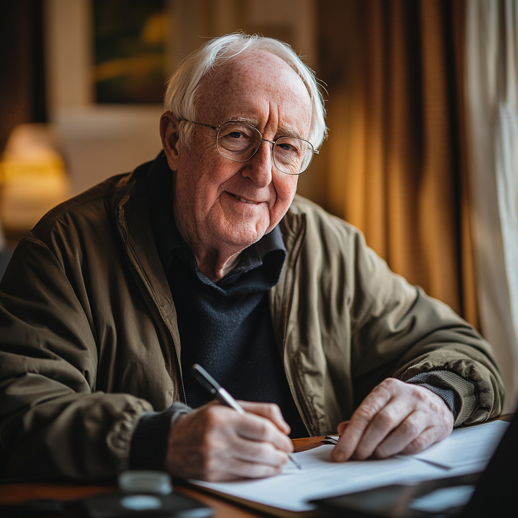 An elderly man smiles while signing his will | Source: Midjourney