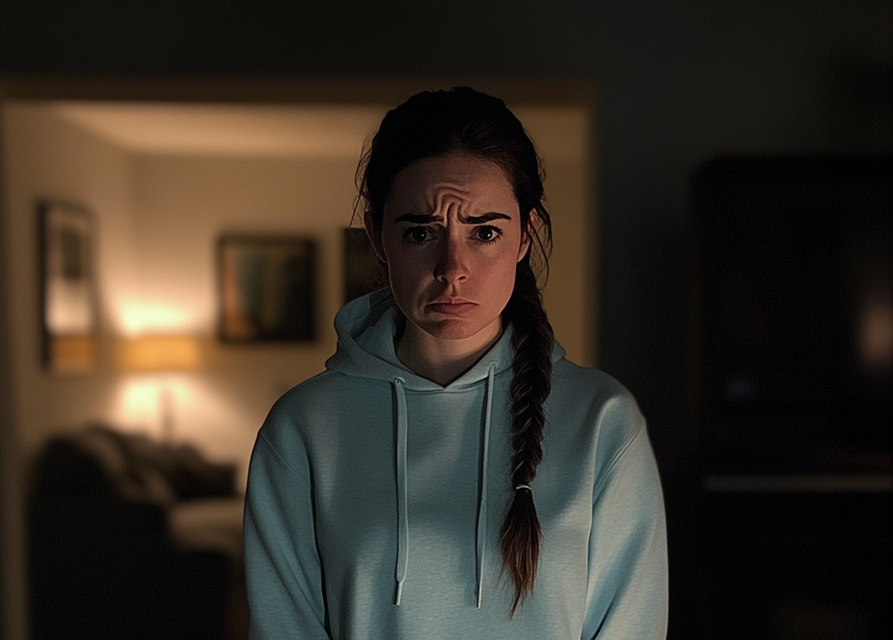 A frowning woman standing in a living room | Source: Midjourney