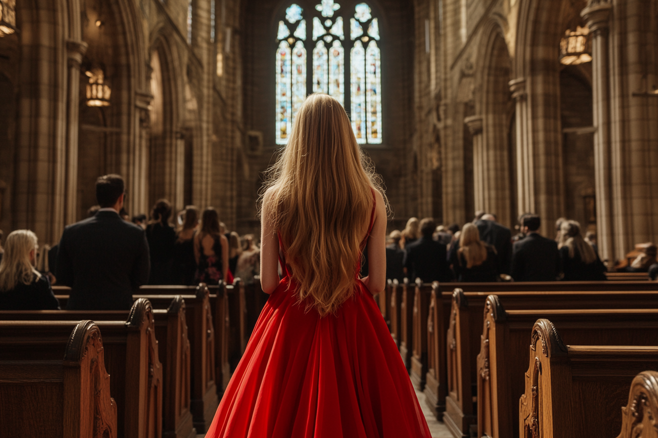 A bride entering a church in a red wedding gown | Source: Midjourney