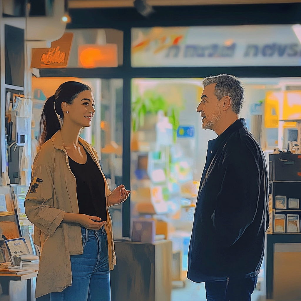 A woman talking to the owner of the store | Source: Midjourney