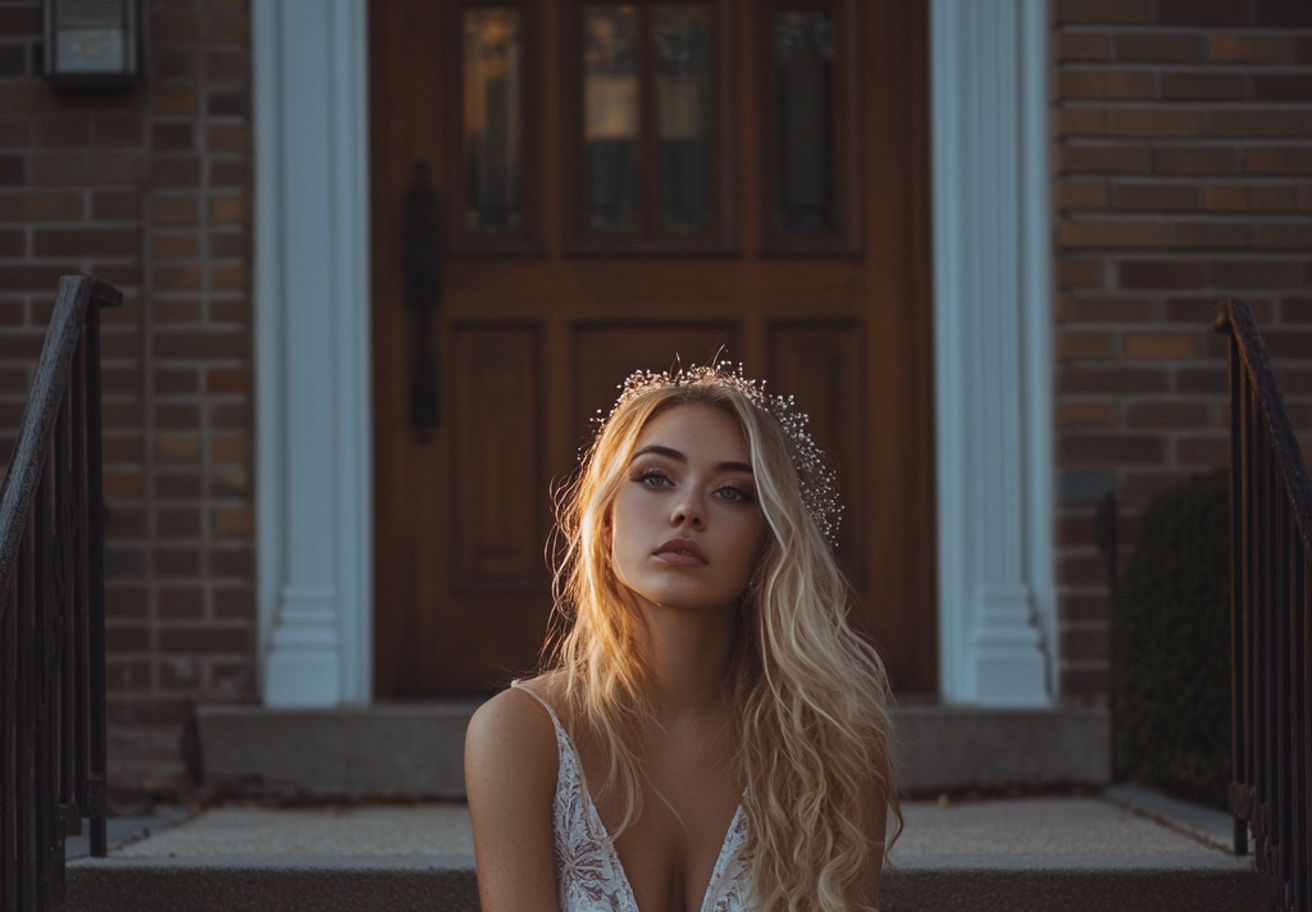 A beautiful bride sitting outside a church | Source: Midjourney