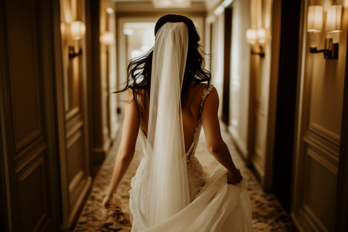 A bride rushing down a hallway | Source: Midjourney