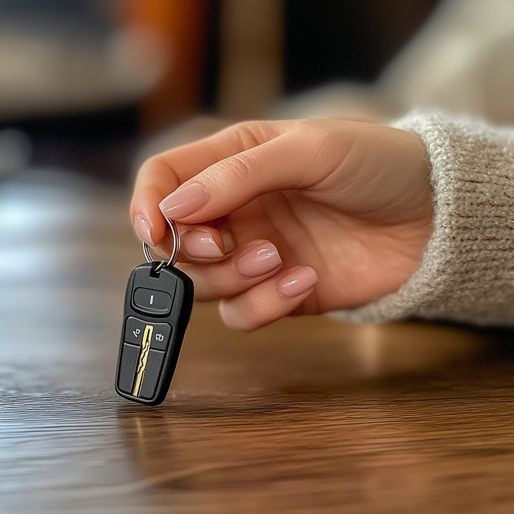 Mão de mulher pegando chaves de carro da mesa | Fonte: Midjourney