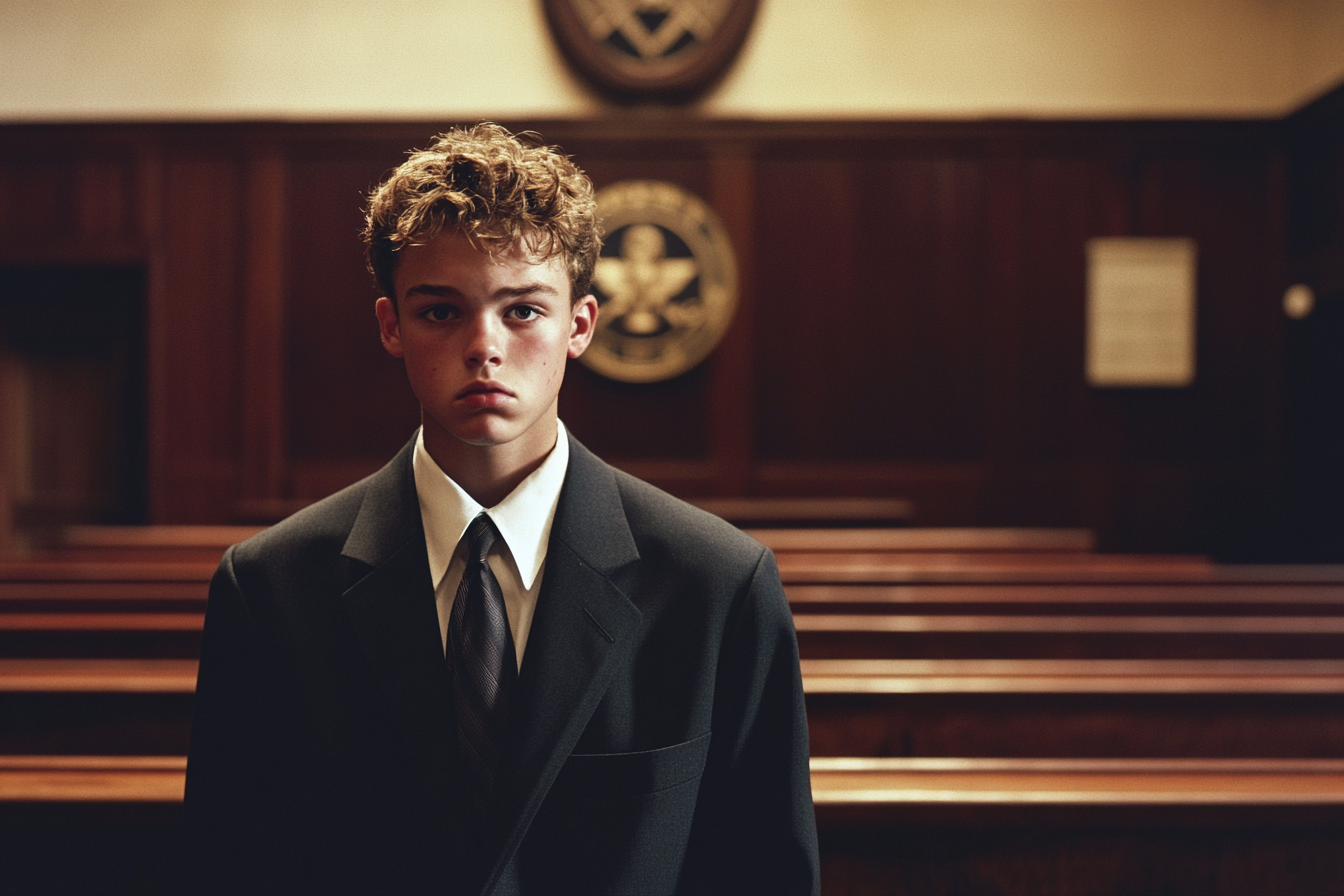 A young man in a courtroom | Source: Midjourney