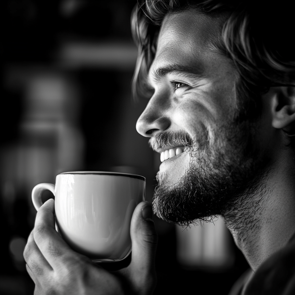 A smiling man holding a cup of coffee⏐ Source: Midjourney