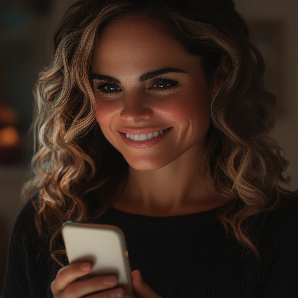 A woman smiling while holding her phone | Source: Midjourney